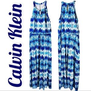 CALVIN KLEIN Blue & White Wave Halter Keyhole Maxi Dress, Size Small